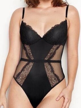 Black Lace Sheer Panel Bodysuit - Victorias Secret